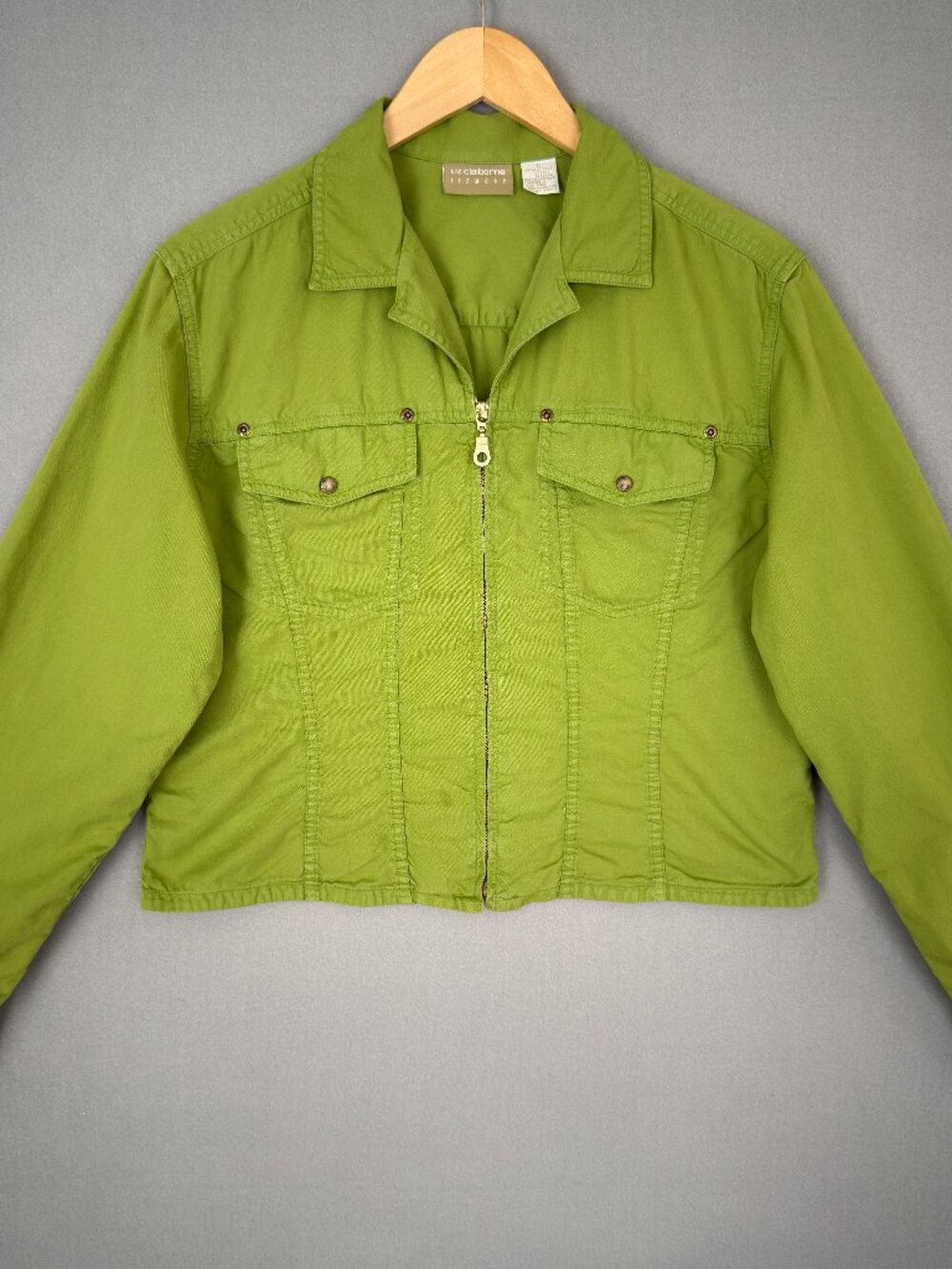 Liz Claiborne Lizwear Cotton Jacket Women’s L Lime Green Utility Zip Front Y2K